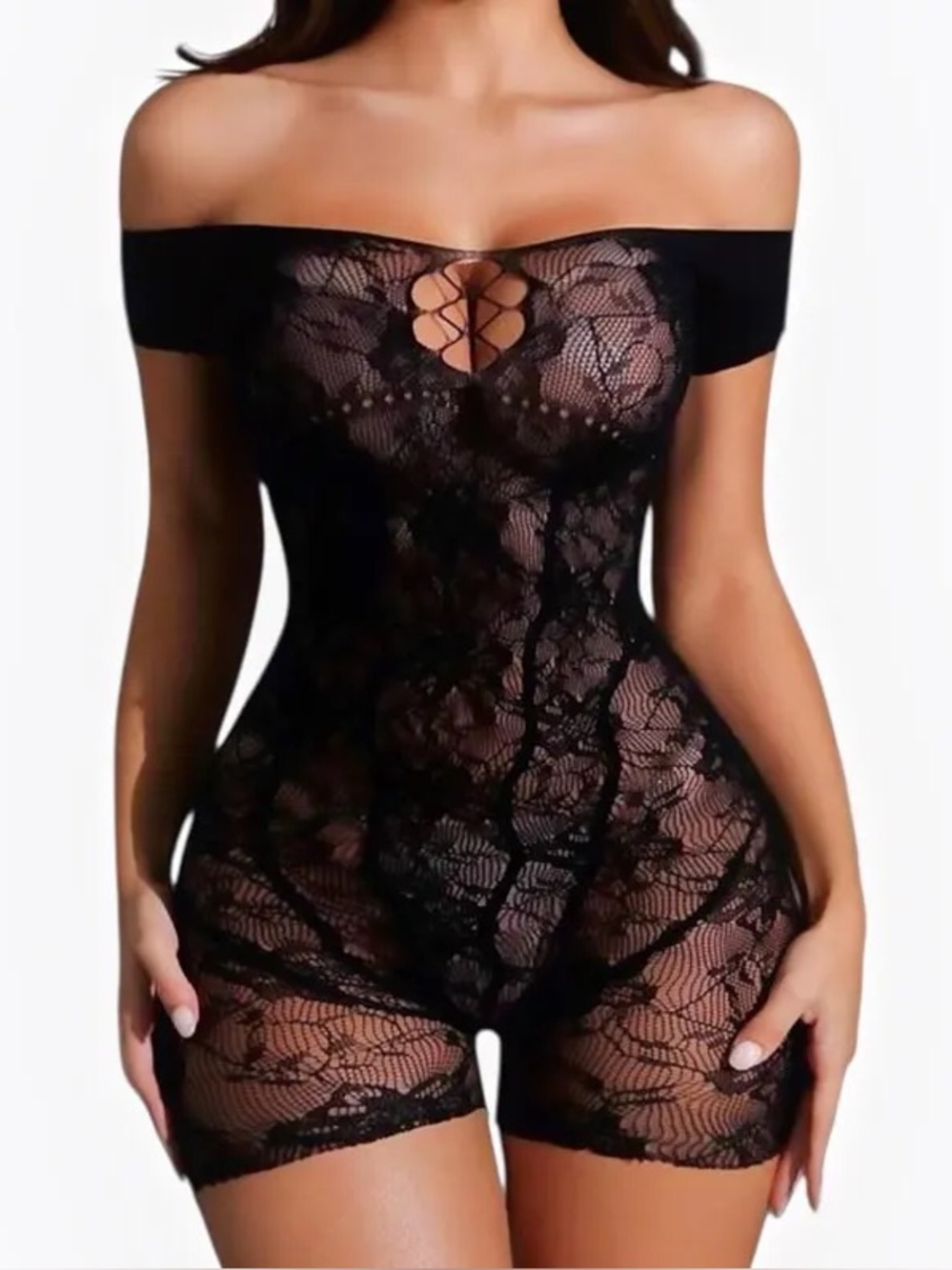 Off-Shoulder Black Lace Romper Bodysuit  - Exotic Dancewear